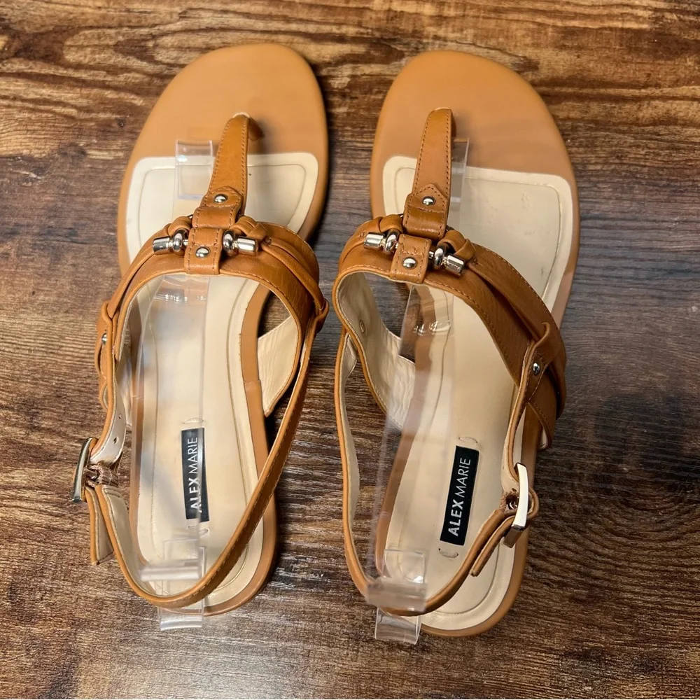 Alex Marie Tan Leather Sandals T Strap Casual Flat Metallic Buckle Women's 8